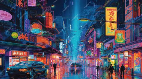 Premium AI Image | A painting of a city street with a sign that says'cyberpunk