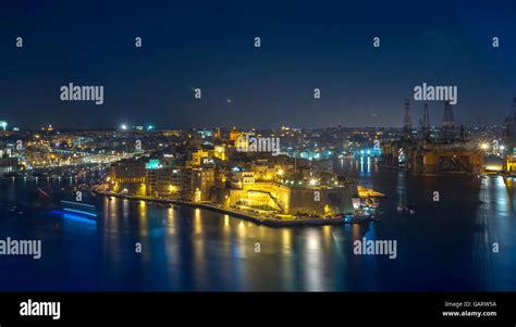 Malta: Night view of the Three Cities across Grand Harbour from ...