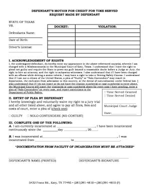 Defendants Motion For Credit For Time Served Fill And Sign Printable