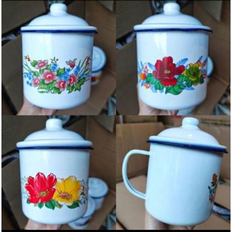 Jual Mug Enamel Jadul Motif Bunga Dengab Tutup Mug Kaleng Kembang