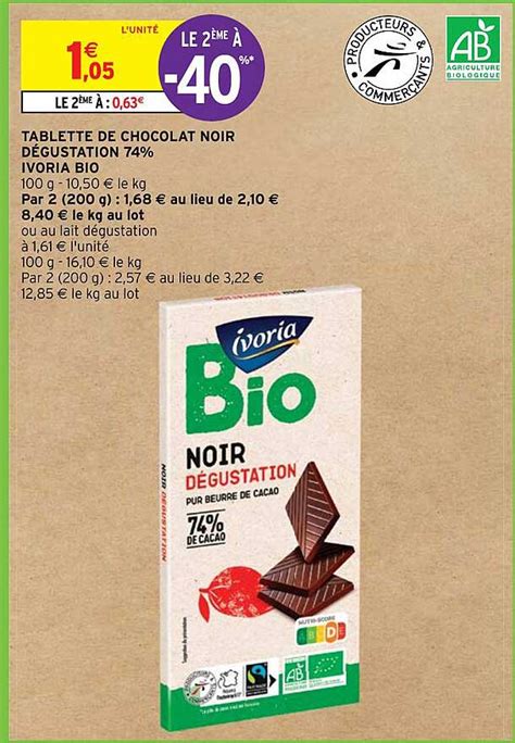 Promo Tablette De Chocolat Noir Dégustation 74 Ivoria Bio chez