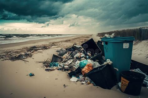 Praia Latas De Lixo Transbordantes E Lixo Espalhados Ilustra O