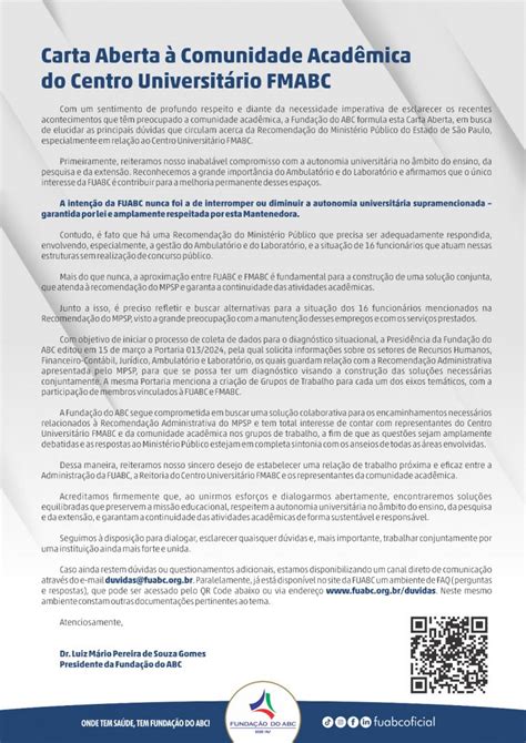 Carta Aberta à Comunidade Acadêmica do Centro Universitário FMABC