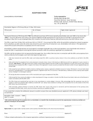 Fillable Online Acceptance Form Psi Group Asa Fax Email Print Pdffiller