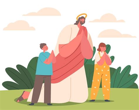 Jesus E Personagens Bonitos De Crian As Pequenas Rezando Em Um Prado