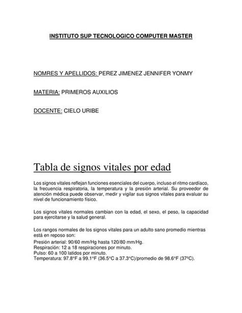 Signos Vitales Primeros Auxilios Jennifer Perez UDocz