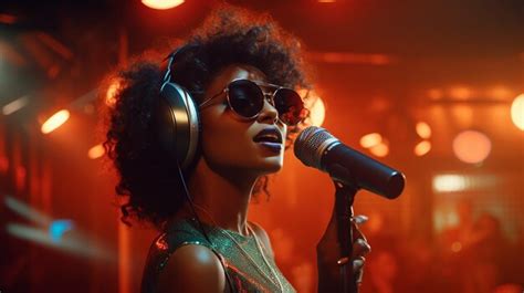 Premium AI Image | a woman singing into a microphone with headphones on ...