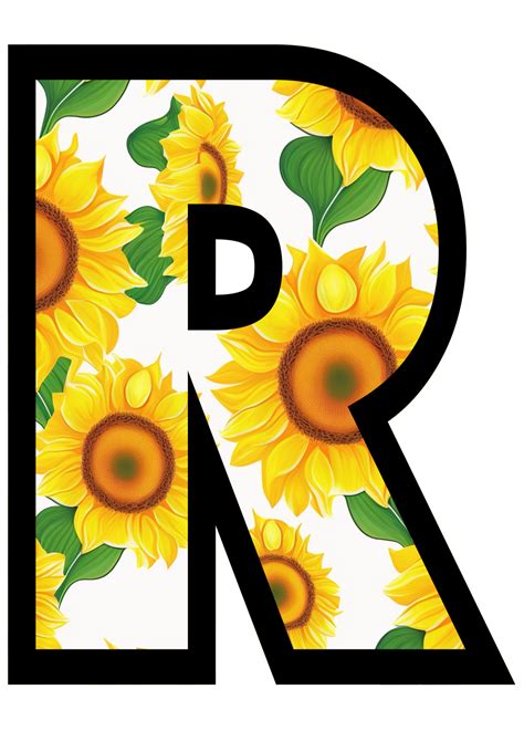 Sunflower Floral Alphabet Letter R With Yellow Sunflower Pattern