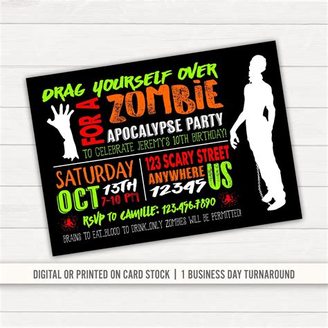 Zombie Invitation Zombie Party Zombie Apocalypse Halloween Birthday