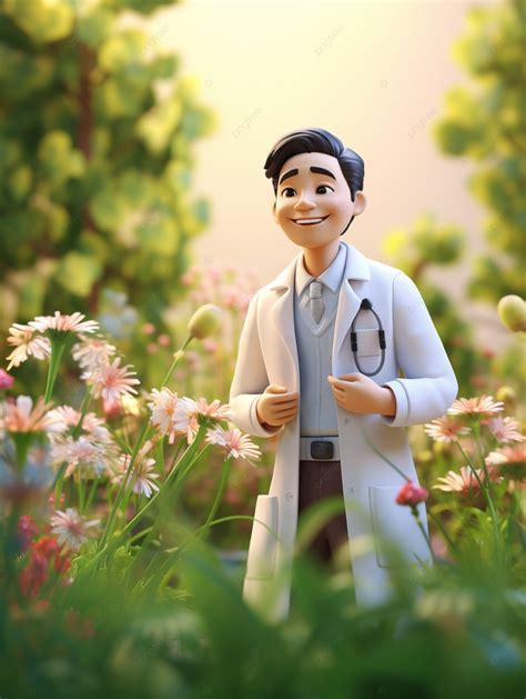 Cartoon Male Doctor Among Flowers On Chinese Doctors Day Background