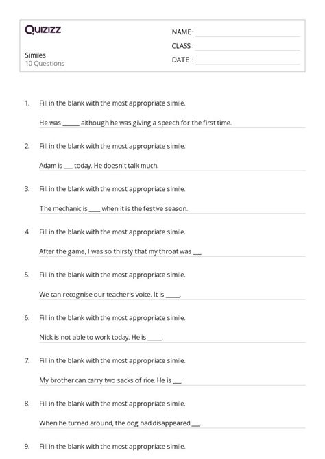 50 Similes Worksheets For 7th Grade On Quizizz Free And Printable