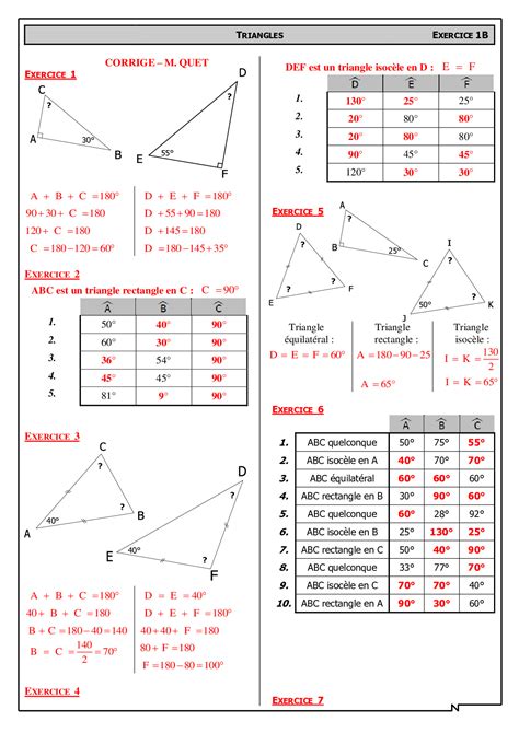 Somme des angles d un triangle particulier Corrigé d exercices