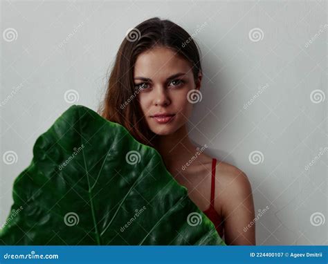 Woman In Red Swimsuit Palm Leaf Exotic Attractive Look Stock Image