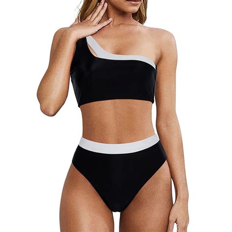 Wreesh Womens Two Piece Swimsuit One Shoulder Bathing Suits High Waisted Bikini One Shoulder