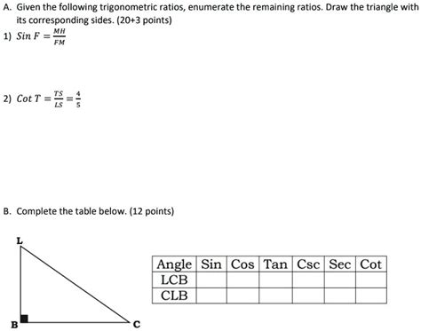 Solved Given The Following Trigonometric Ratios Enumerate The Remaining Ratios Draw The