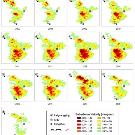 The annual maps of subsidence with rate >5 cm/year show the land ...