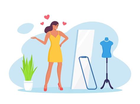 Premium Vector Beautiful Woman Standing Looking At Mirror And Smiling Self Love Self