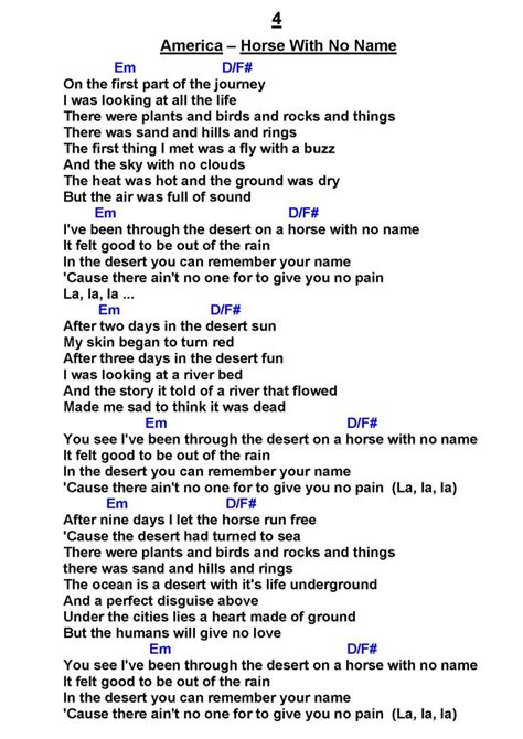 America – Horse With No Name (G) | Lyrics and chords, Song lyrics and ...