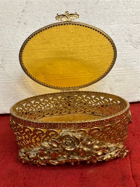 Antique Gold Ormolu Filigree Glass Casket Jewelry Box Gem