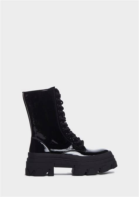 Patent Vegan Leather Platform Combat Boots Black Dolls Kill