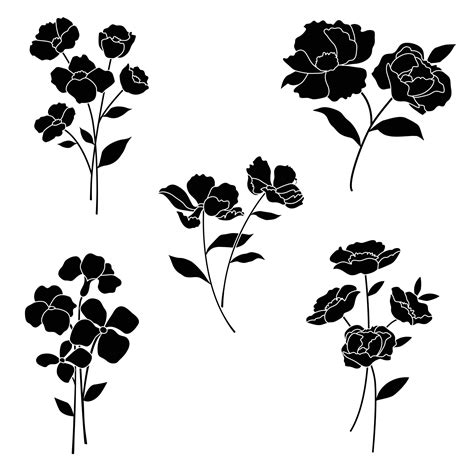 Hand Drawn Botanical Flowers Black Silhouette Vector Art At