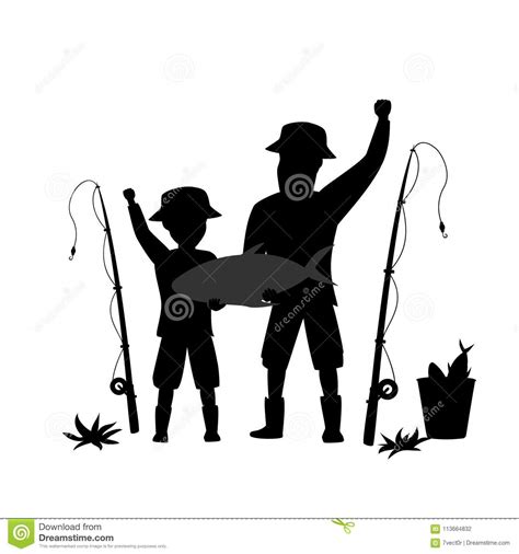 Father And Son Fishing Cartoon Vector Illustration Silhouette Stock