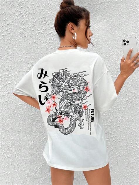 Shein Coolane Drag O Gr Fico De Letra Japonesas Ombro Ca Do Camiseta