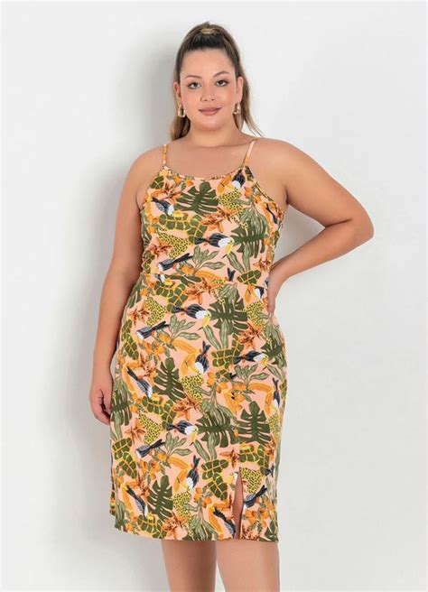 Vestido De Alças Folhagem Com Fendas Plus Size Marguerite