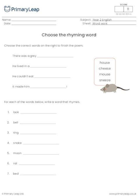 Literacy Rhyming Words Worksheet Primaryleap Co Uk