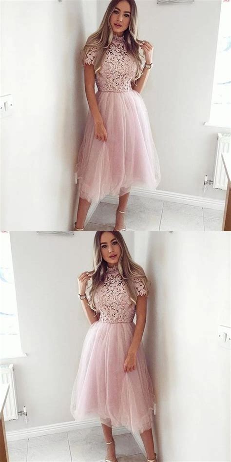 A Line Jewel Mid Calf Pink Homecoming Dress With Lace M Modest