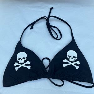 White Skulls Black Bikini Halter Tie String Grunge Swimsuit Etsy