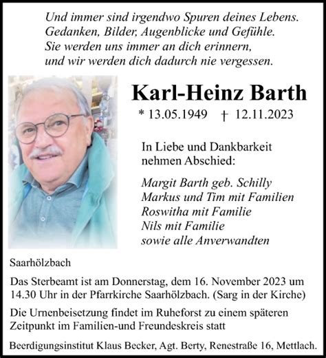 Traueranzeigen Von Karl Heinz Barth Saarbruecker Zeitung Trauer De