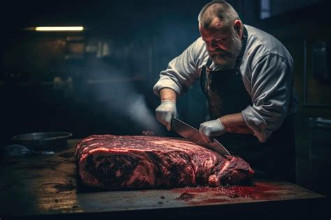 Carnicero Cortando Un Trozo De Carne Con Un Cuchillo En La Cocina De Un