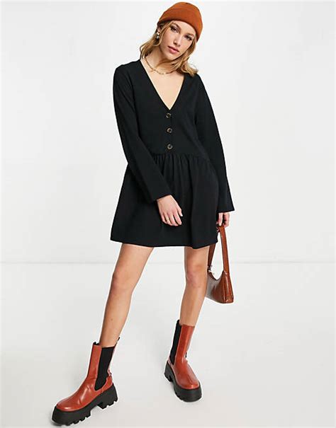 Asos Design Long Sleeve Smock Mini Dress With Horn Buttons In Black Asos