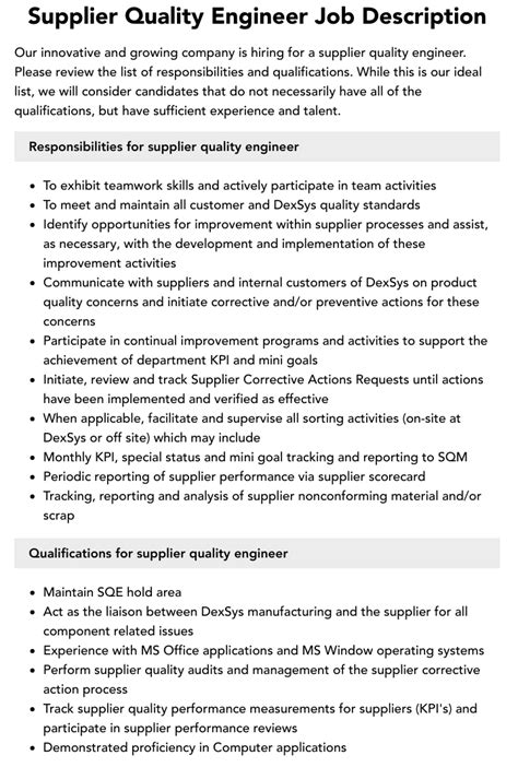 Supplier Quality Engineer Job Description Velvet Jobs