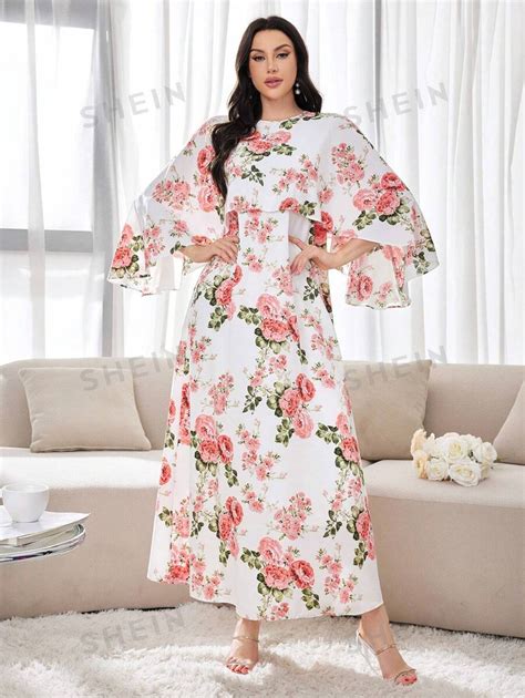 Shein Najma Women Elegant Floral Printed Batwing Sleeve Long Dress For