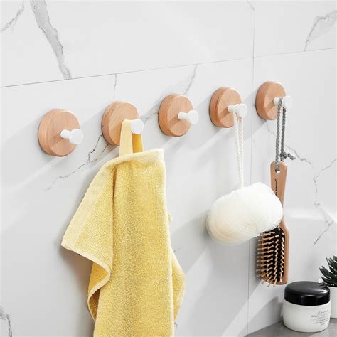 SARIHOSY 5Pcs No Punching Round Wood Coat Hook Bathroom Wall Hooks For