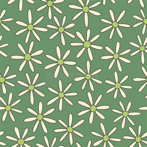 Colorful Ditsy Hand Drawn Floral Daisies Vector Seamless Pattern Retro