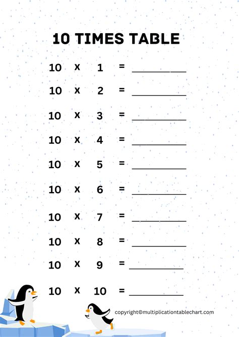 10 Times Table Worksheet 10 Multiplication Table Free Pdf