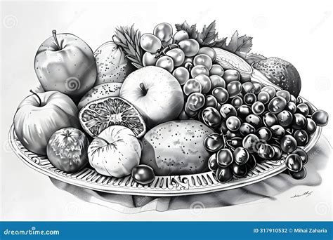 Monochrome Fruit Platter Pencil Sketch with Realistic Textures Illustration Stock Illustration ...