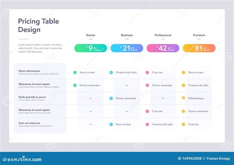 Modern Pricing Table Design with Four Colorful Subscription Plans Stock Vector - Illustration of ...