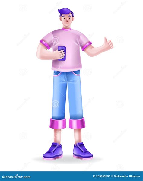 3d Young Man Holding Smartphone Happy Vector Cartoon Character