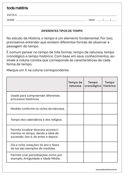 Atividades Sobre Tempo Cronológico E Periodização História Toda Matéria