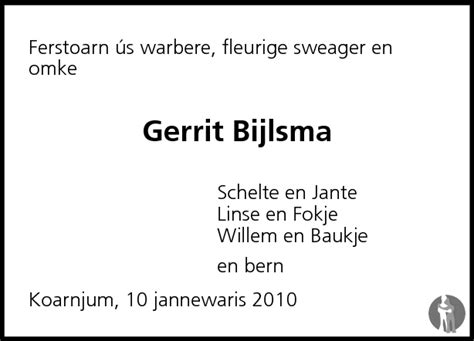 Gerrit Bijlsma 10 01 2010 Overlijdensbericht En Condoleances