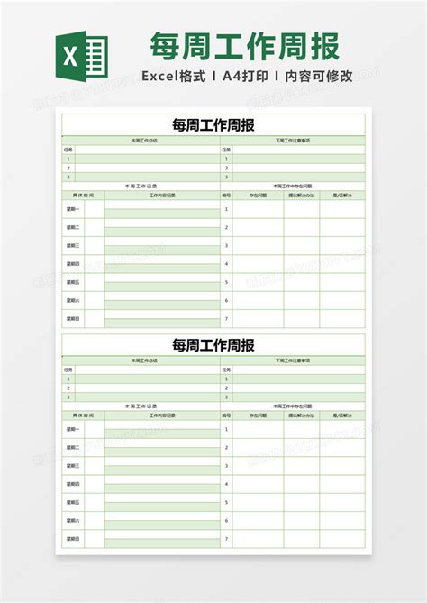 绿色简约每周工作周报excel模版模板下载周报图客巴巴