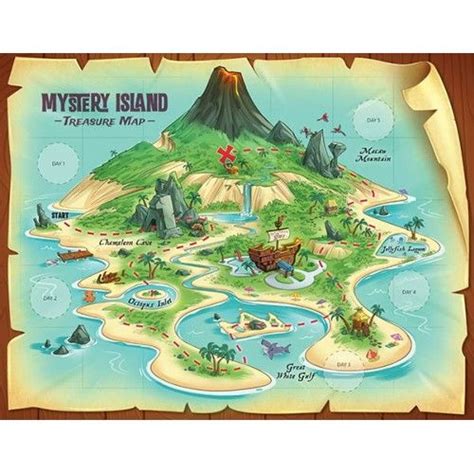 an illustrated map of the mystery island