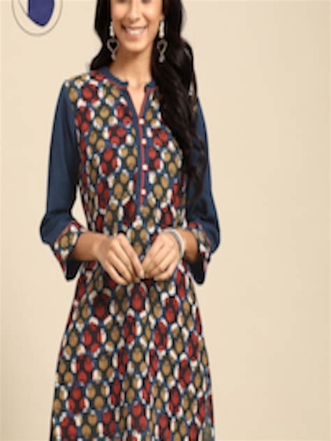 Buy Rangmayee Navy Blue Red Sanganeri Block Print Pure Cotton Kurti