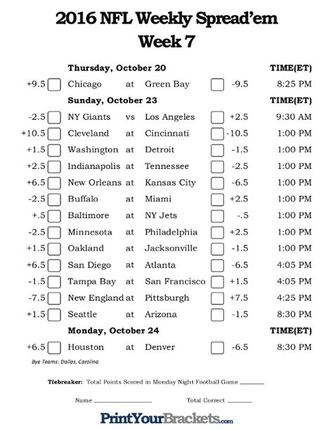 Nfl Week 7 Pick Em Against The Spread Sheets Printable