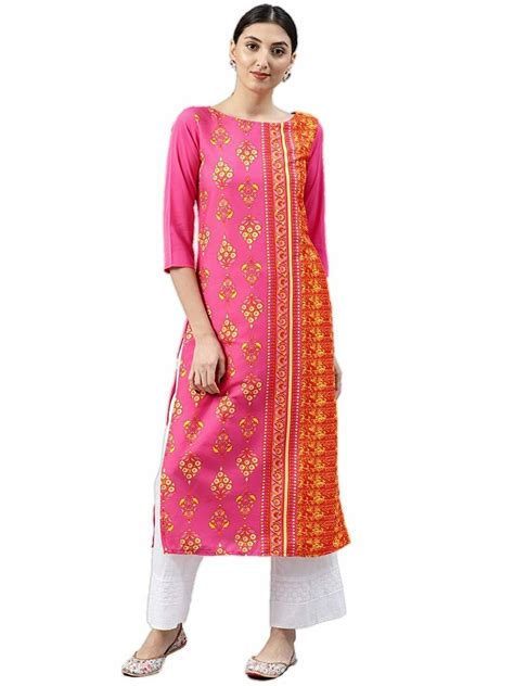 Damen Pink Bedruckt Gerade Kurta Indisch Kurti Designer Ethnisch Kleid