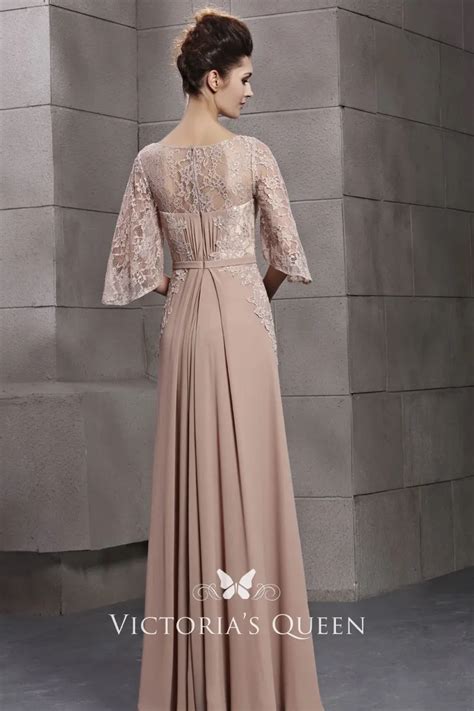 Flutter Sleeve Long Nude Chiffon And Lace Evening Dress VQ